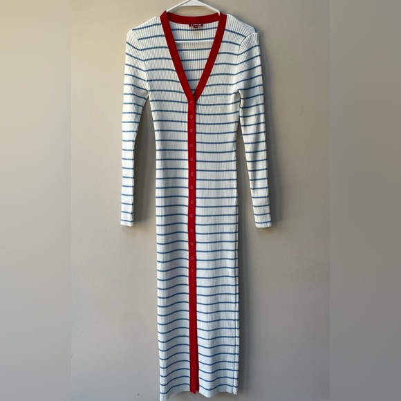 STAUD Shoko Ribbed Knit Midi Dress White Light Blue Stripes Red Trim Size M - Picture 4 of 13